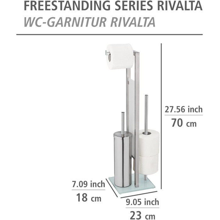 Комплект для унітазу WENKO Rivalta, закритий стоячий унітаз з матової лакованої сталі з важкими скляними пластинами з безпечного скла, з туалетною щіткою, тримачем для туалетного рулону та тримачем для запасного рулону, чорний (матовий/білий/чорний)