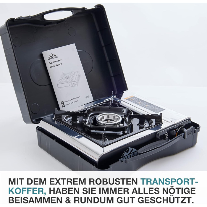 Газовий наметковий пальник TOM Edelstahl MSF-1A з нержавіючої сталі - 2200 Вт, Piezo-запалювання, для газових балонів, з кейсом