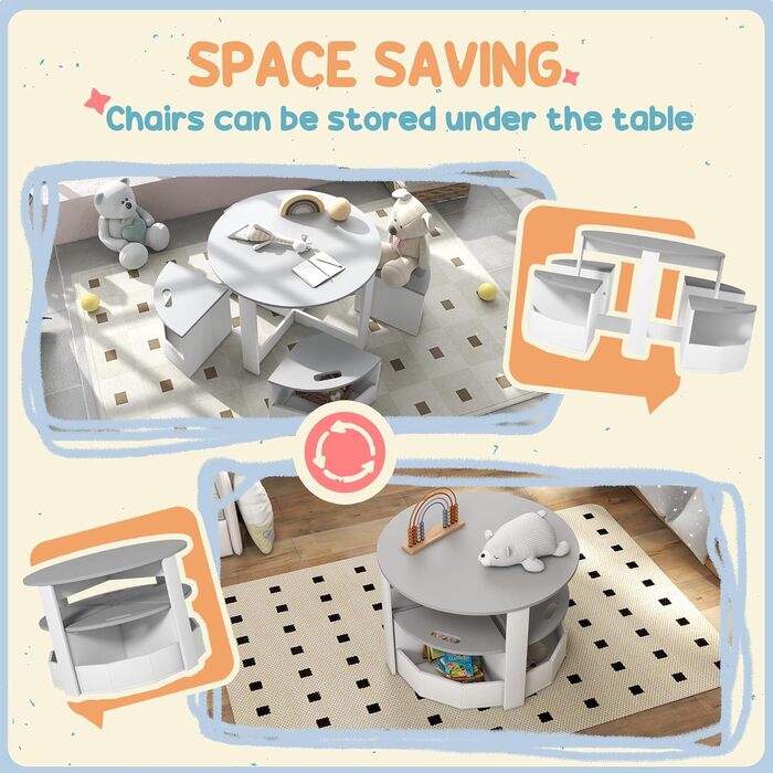 Дитячий стіл та стільці AIYAPLAY 5-TLG. сірого кольору з ящиком для зберігання