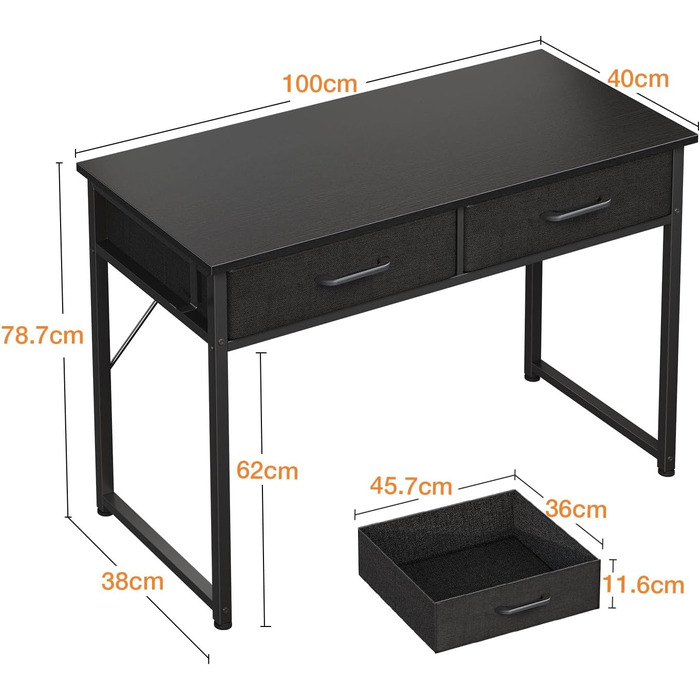 Письмовий стіл ODK з 2 шухлядами, тримач для навушників, 100x40x78.7см, чорний, для офісу та домашнього офісу