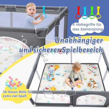 Манеж дитячий CHOLY для немовлят та малюків, 128x128 см (сірий з килимком 150x180 см) - безпечний, міцний, з сіткою та захистом