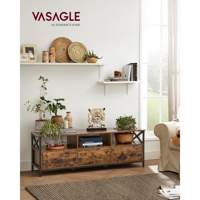 Тумба під телевізор VASAGLE до 80 дюймів, лофт, 3 шухляди, 3 полиці, вітальня, сталевий каркас, коричнево-чорний LTV302B01