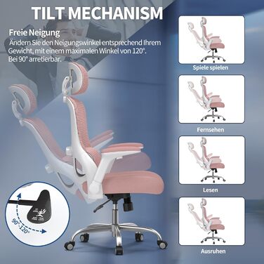 Ергономічне крісло TRALT для офісу та дому: ігрове крісло з регульованою підголівником та поперековою підтримкою, mesh-крісло, 150 кг, рожеве