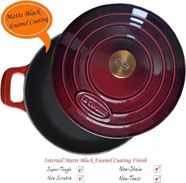 Чавунна сковорода La Cuisine 62000 матово-чорне емальоване покриття, термостійкі силіконові тримачі в комплекті. Приготування їжі в приміщенні та на відкритому повітрі, безпечне для духовки (журавлинно-червона, сковорода 28 см)