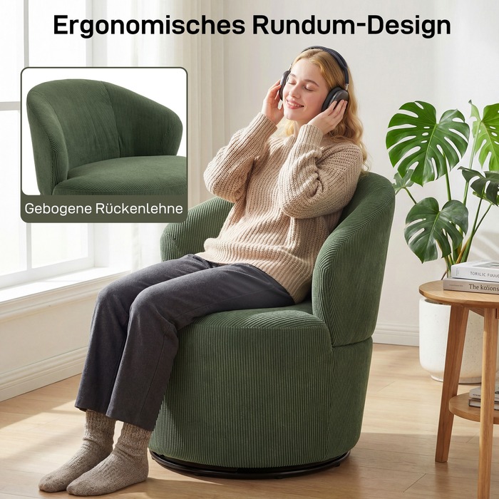 Крісло Акцентне, поворотне на 360 градусів, сучасне крісло з круглим підставою, для вітальні та спальні, зелене