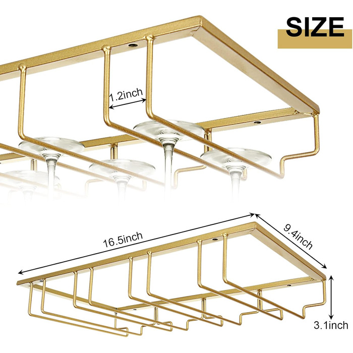 Настінна полиця для склянок JMIATRY, 41.9 x 23.9 x 7.9 см, 4 відділення, 12 чашок, для підвішування, ідеально для кухні та бару, золотий колір, 2 шт.