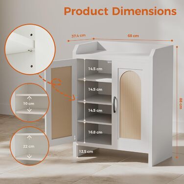 Шафа для взуття 5-ярусна в стилі ф armhouse з 2 дверцятами, вільного стояння з регульованими полицями та металевими кутовими прикрасами для передпокою та коридору, білий колір (ротанг, білий)