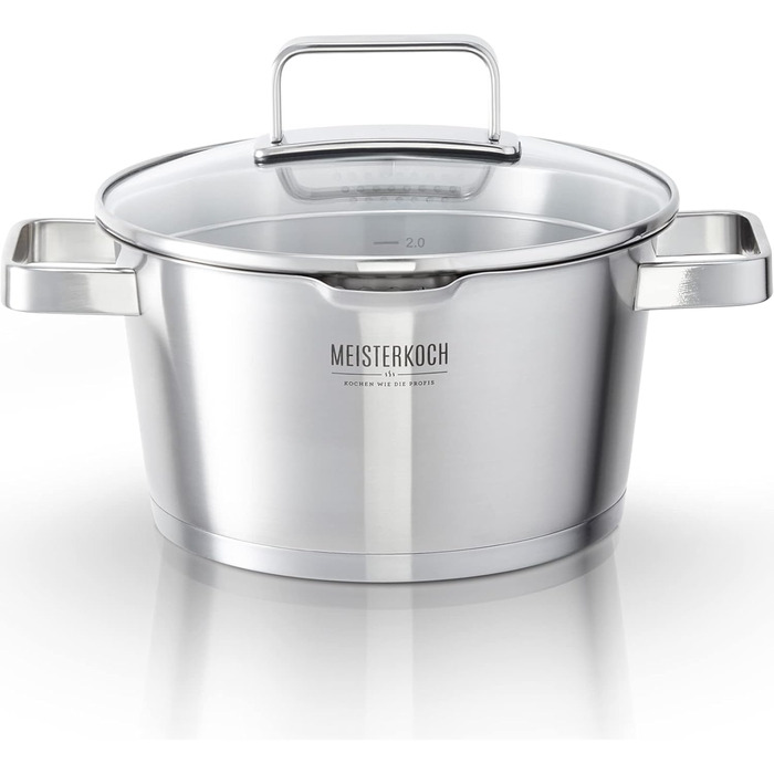 Каструля Meisterkoch з нержавіючої сталі 16 см Ø | з виливом, внутрішньою шкалою та ізольованою ручкою | 1 скляна кришка з дрібним та великим ситом | Кухонне приладдя, нержавіюча сталь, індукційне дно (20 см)