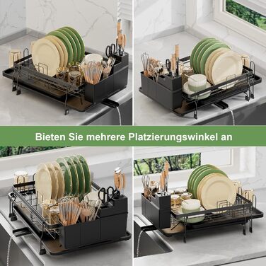 Сушарка для посуду ROTTOGOON розширювана, чорна: складана стійка з нержавіючої сталі, зливний жолоб та відділення для столових приборів
