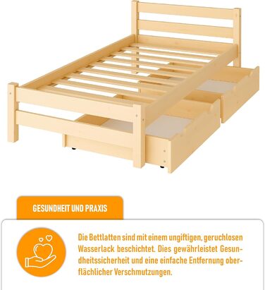 Дитяче ліжко Врубель 90x200 см з 2 шухлядами та ламелями - односпальне ліжко з масиву сосни - ліжко Монтессорі для дітей - ліжко-юніор білого кольору - без матрацу