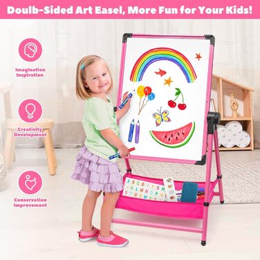 Дитяча мольберт Kinderstaffelei з двома боками, складний, регульована висота 74,9-111,8 см, з місцем для зберігання, поворотний на 360°, мольберт для малювання та дошка з набором літер та цифр, рожевий для хлопчиків та дівчаток