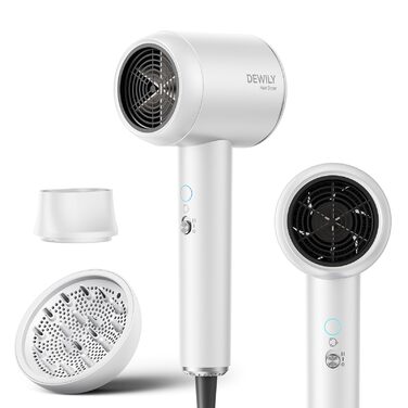 Іонний фен для волосся DEWILY з дифузором 1800Вт, 3 температурні режими, компактний дорожній фен для кучерявого волосся, білий