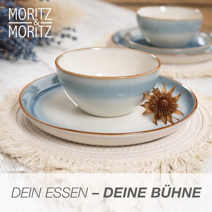 Набір посуду Moritz & Moritz TARENTO 48 предметів (12 осіб) - 48-місний набір посуду з високоякісної кераміки, 12 обідніх тарілок, 12 десертних тарілок, 12 супових тарілок та 12 чашок, блакитний колір