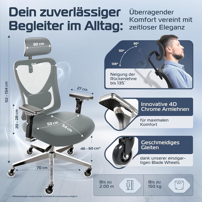 Ергономічне офісне крісло CleverSeat - стілець для роботи та геймінгу, обертовий, до 150 кг, антрацит/чорний