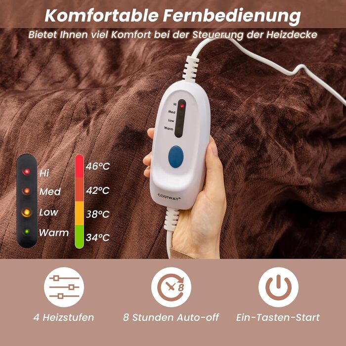 Електрична ковдра COSTWAY 150x200 см, 4 налаштування температури, таймер, захист від перегріву, можна прати в пральній машині