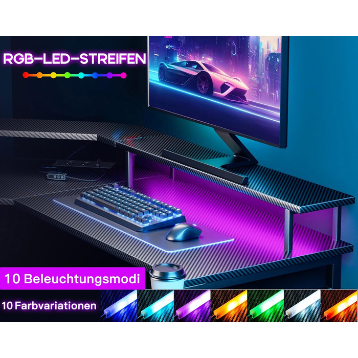 Ігровий стіл ODK 129x129 см з LED підсвічуванням, 2 розетки та USB зарядкою, стіл для ПК, комп'ютерний стіл, колір: чорний вуглеволокно