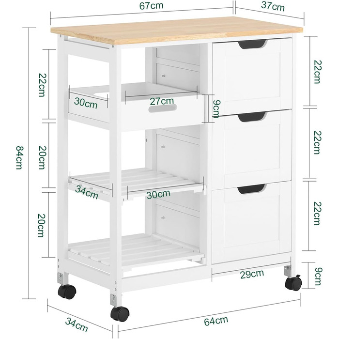 Сервісний візок SoBuy з колесами – кухонний візок з 2 знімними полицями та підносом – візок для кухні, вітальні, їдальні – 68x85x38 см, до 50 кг, MDF, FKW79-SCH (Білий)