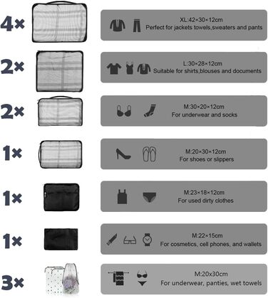 Набір органайзерів для валізи та подорожей, водонепроникні пакувальні куби для одягу, 14 шт, чорні