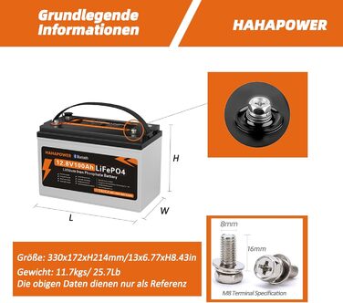 Акумулятор Hahapower 12.8V 100Ah Bluetooth LiFePO4, розумне живлення, захист від холоду, 15000 циклів, 150A BMS, для автофургонів, сонячна батарея