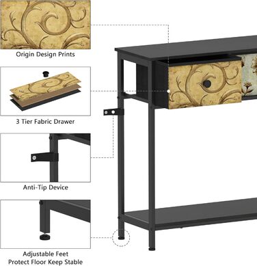 Консольний стіл з 3 ящиками, 2 яруси, диванний столик, журнальний столик, стіл для передпокою, легка збірка, чорний