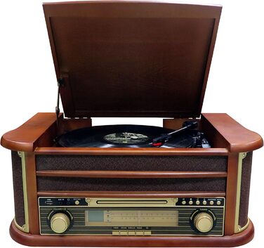 Ретро музичний центр Nostalgie з Bluetooth, касетною декою, CD/MP3/USB програвачем, радіо, програвачем вінілових платівок, AUX IN, записом MP3 та пультом