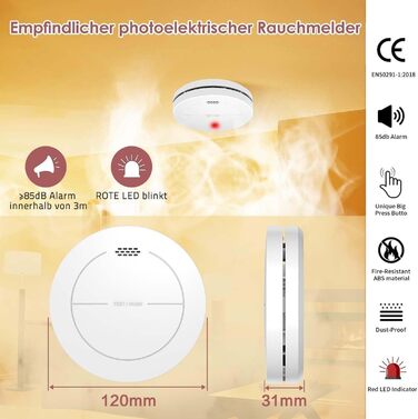 Набір датчиків диму Rauchmelder 6 шт. без світлодіодів, з батареєю на 10 років, клейкими панелями, функцією відключення звуку, 85 дБ, автономні плоскі датчики диму для пожежної безпеки вдома.