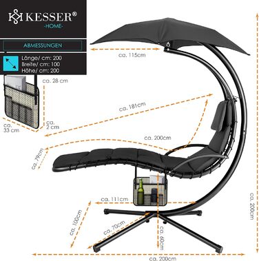 Кесер® Плетене крісло-гойдалка з сонцезахисним козирком, 194x100 см, до 120 кг, з подушкою для шиї та сумкою, антрацит