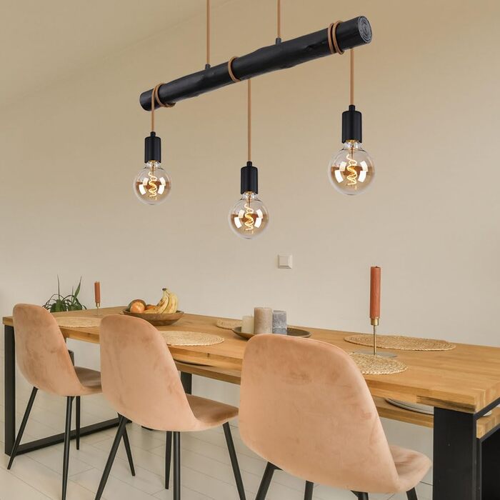 Підвісний світильник Globo Обідній стіл Підвісний світильник Чорний світильник для вітальні Сучасний, дерев'яний світильник 3-світлова мотузка регулюється по висоті, металевий, 3 шт. E27 Цоколь, ДхШхВ 60x5x120 см