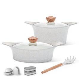 Набір каструль та сковорідок RIOVARM з індукційним дном та знімними ручками, з антипригарним покриттям (граніт), складаний, з силіконовими кришками, без PFOA. Підходить для приготування їжі на індукційних плитах.