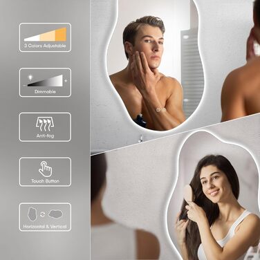 Дзеркало для ванної кімнати Dripex LED з підсвічуванням, сенсорне керування, регулювання яскравості, 3 кольори світла, без запотівання, асиметричне, 85x52 см