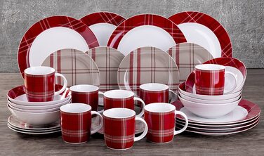 Комбінований набір посуду HIGHLAND RED, набір з 32 предметів для 8 осіб / фарфор круглої форми / традиційна шотландська кошик червоного і білого кольорів