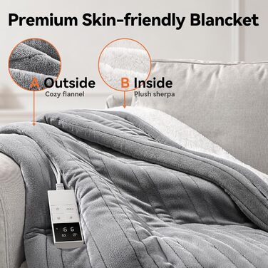 Електрична ковдра з автовимкненням та 9 зон нагріву 200x180 см, таймер 1-9 год з функцією пам'яті, швидкий нагрів та рівномірний розподіл тепла, двостороння фланель та штучне хутро