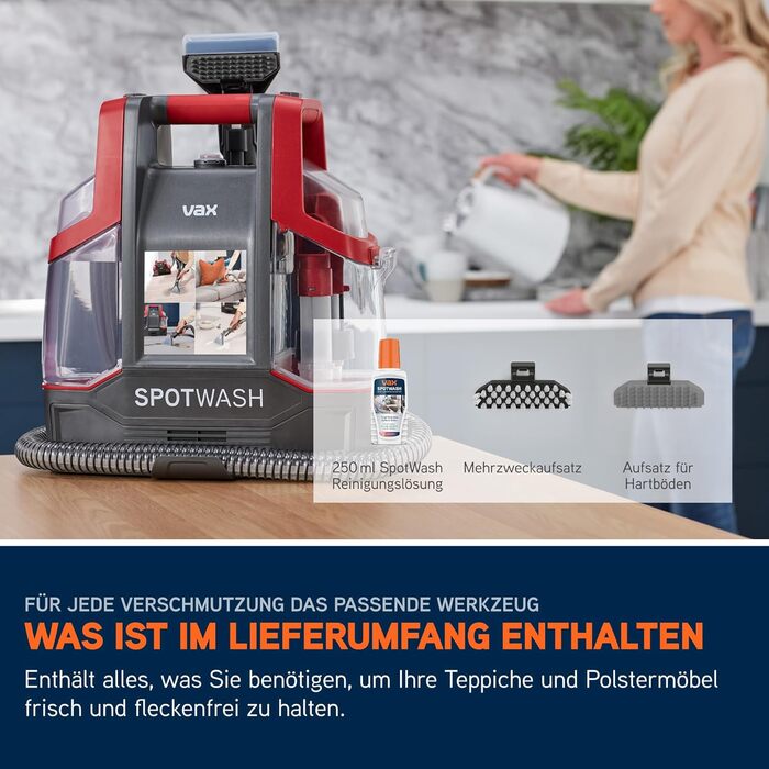 Vax SpotWash Duo: Портативний відпарювач для килимів та м'яких меблів з насадкою для тварин, аксесуари для щоденного прибирання, для різних поверхонь, з розчином для чищення (Spotwash EU)