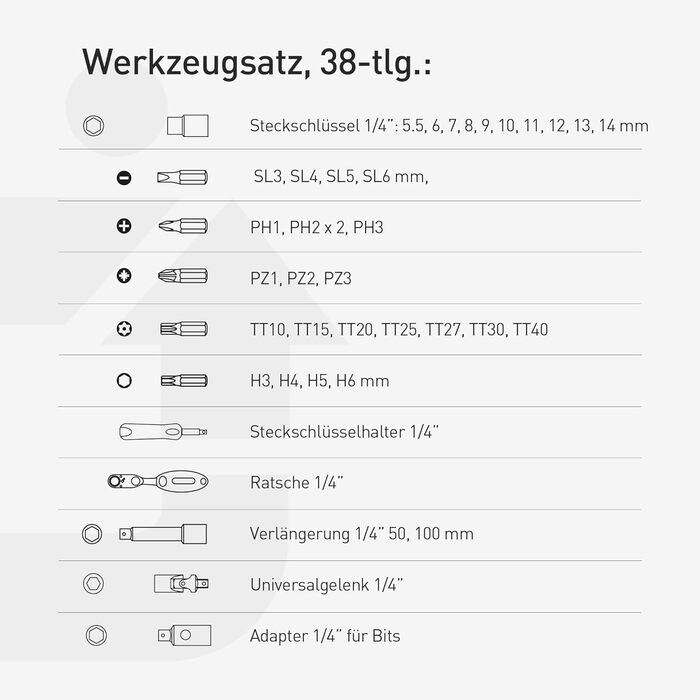 Набір інструментів Högert Technik 38 предметів: валіза з інструментами, тріскачковий набір, набір торцевих головок, біти 1/4