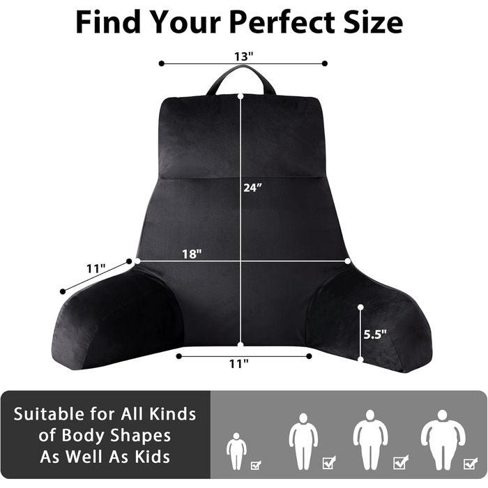 Крісло-мішок з підлокітниками для дорослих, подушка для спини для відпочинку в ліжку, з піною з пам'яті та кишенями, знімний, пральний чохол, для релаксації, перегляду телевізора, чорний, X-Large (24 дюйми)