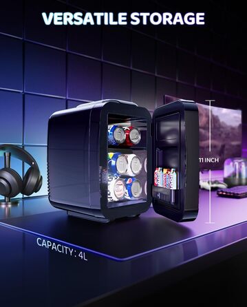 Міні-холодильник LIGIANT MF01C на 4Л з 7 режимами підсвічування та функцією підігріву, безшумний, AC/DC, для авто, офісу та геймерської кімнати (чорний глянцевий)