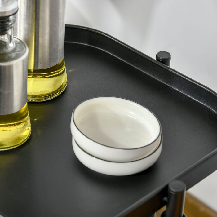 Поворотний кухонний візок на 4 рівнях з коліщатками та дротяними кошиками. Візок з верхньою полицею, розміром 33x33x77 см, чорного кольору.