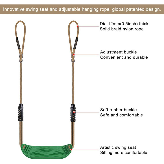 Дитяча гойдалка BeneLabel для дому та саду, міцна гума, регульоване тросове крісло, 130-200 см, для підлітків/дорослих, зелений, 113 кг