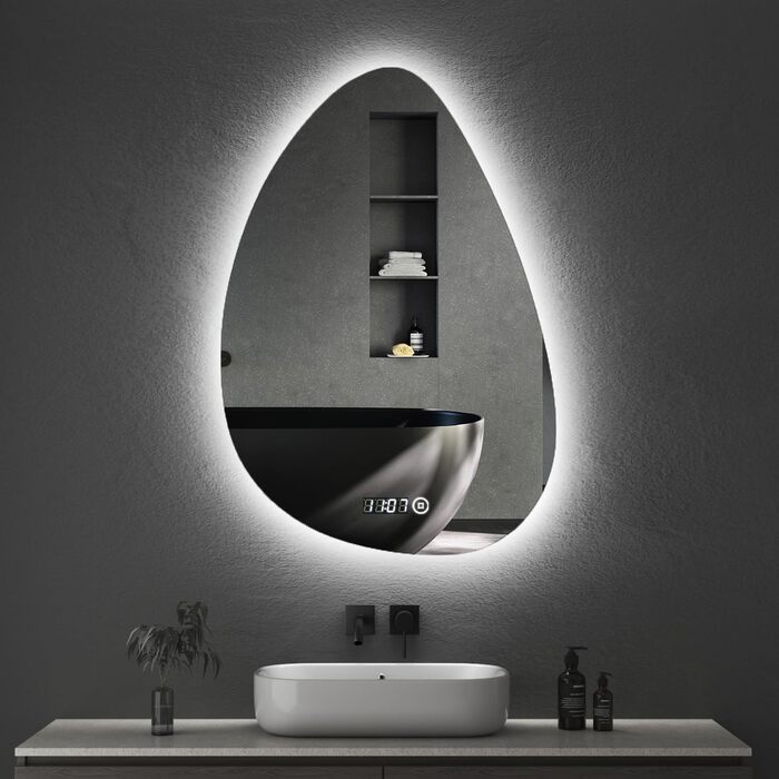 Дзеркало для ванної кімнати з підсвічуванням та годинником 50x70 см, LED, сенсорне керування, 3 кольори світла, диммування, 2470LM, стиль Jy01