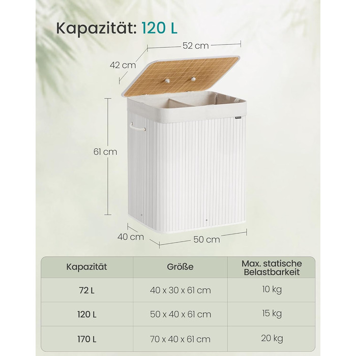 SONGMICS Кошик для білизни з кришкою, 2 відділення, бамбук, складаний, знімний мішок, для прання, з ручками, 120 л, білий