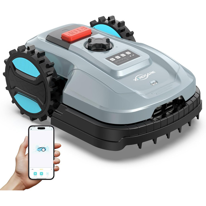 Робот-газонокосарка YARDCARE E400 з шириною скошування 18 см, керуванням через додаток, для газонів до 400 м², сенсором дощу, висотою скошування 20-60 мм, рівнем шуму менше 60 дБ, водозахистом IPX5