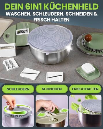 Салатниця-швидкокрутка VELVOMAX 6в1 з нержавіючої сталі, 4.5L - 6 функцій: нарізник овочів, сервіровочна чаша та спіннер для салатів. Можна мити в посудомийній машині, з антиковзним дном та кришкою. Ідеально для любителів готувати.