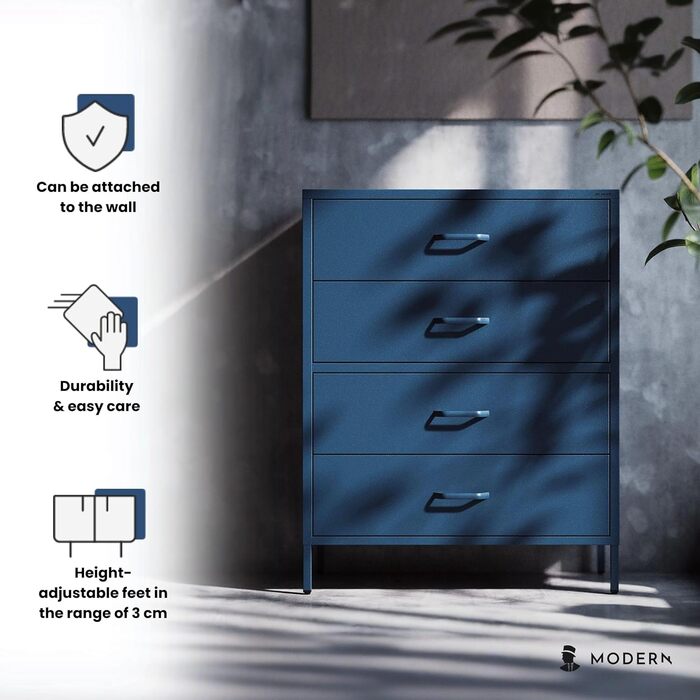 Металева комода Jan Nowak з шухлядами Carla | Комод-шафа для спальні, вітальні, дитячої кімнати | Стиль лофт | Комод з шухлядами, темно-синій | 80 x 101,5 x 40 см