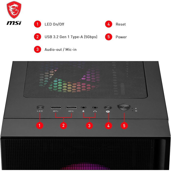 Корпус для ПК MSI MAG Forge 120A Airflow, Mid-Tower, ATX, підтримка RTX 40, Auto-RGB вентилятори, магнітні пилові фільтри, загартоване скло, USB 3.2 Gen1 Typ-A