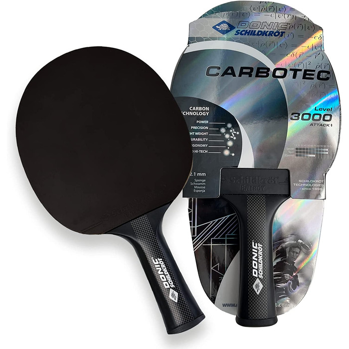 Ракетка для настільного тенісу Donic-черепаха Carbon CarboTec 3000 & Набір для чищення настільного тенісу Donic-черепаха, 100 мл засобу для чищення настилу в насосі-розпилювачі і губка для чищення, 828529