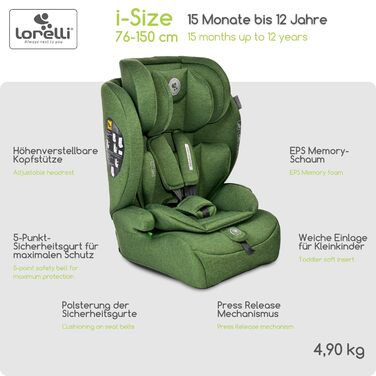 Автокрісло Lorelli Adventure i-Size 9-36 кг, 76-150 см, з регульованою підголівником, 5-точкова система безпеки, зелене