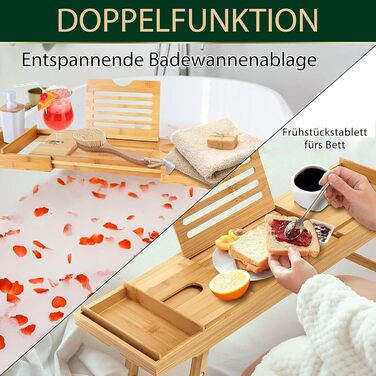 Підставка для ванни та ліжка SereneLife 2-в-1 – складане піднос для сніданку в ліжку та у ванній з бамбука, вологостійкий, регульований розмір, дерев'яна підставка для ванни, міцна спинка