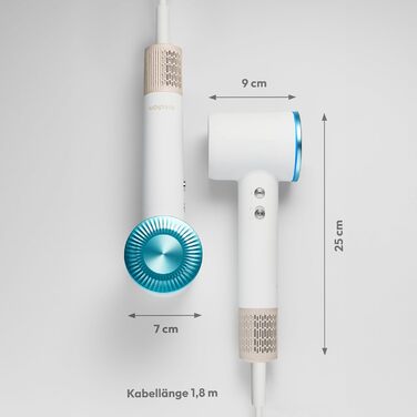 Фен MEDION HD1, 1600 Вт, іон, дифузор, магнітні насадки, двигун BLDC, світлодіод, білий