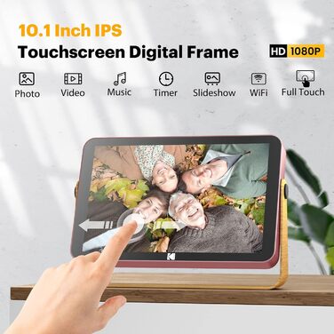 Цифровий фоторамка Kodak 10 дюймів з Wi-Fi, акумулятором та 32 ГБ пам'яті, рожево-золотий, з сенсорним HD IPS екраном, підтримкою фото, відео та музики, можливість ділитися через додаток