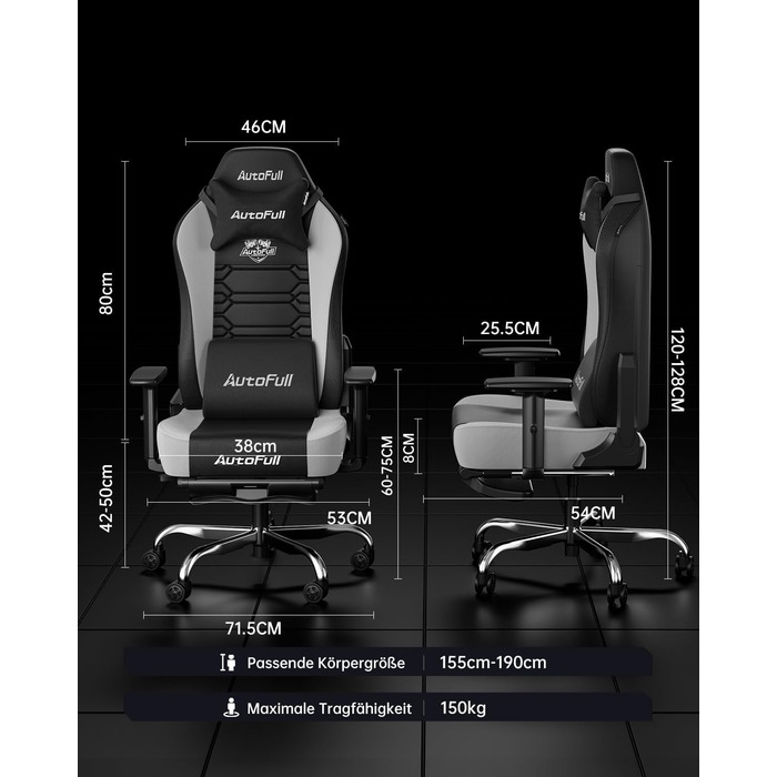 Ігровий крісло AutoFull C3: ергономічний дизайн, 2D підлокітники, підставка для ніг, подушки для голови та попереку, чорно-білий матеріал, 150 кг, комфортний